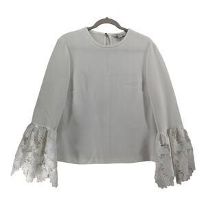 Rachel Zoe Lace Blouse 8 White Crew Neck‎ Bell Sleeves Keyhole Staple Work Party